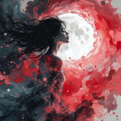 The primary subject of the image is a woman with long hair, who is looking up at the moon. She is standing in front of a red background, which adds a vibrant and dramatic touch to the scene. The visual style of the image is a combination of digital art and illustration, creating a unique and captivating representation of the woman and the moon. The colors and mood of the image are predominantly red, which adds a sense of warmth and intensity to the scene.